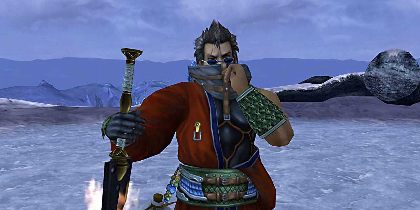 Auron adjusting his mask in Final Fantasy X