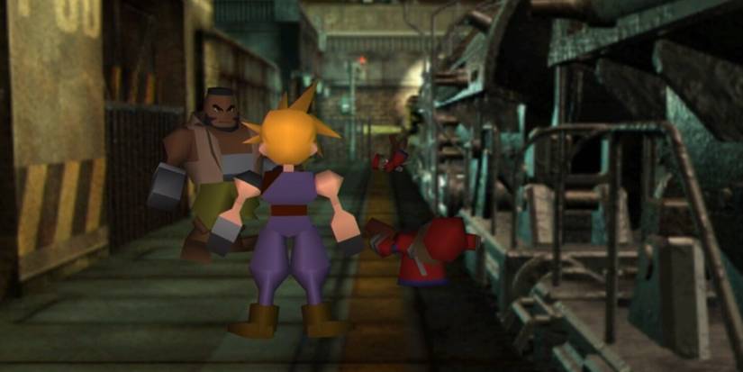 Cloud Strife and Barret Wallace beside a train in the intro to 'Final Fantasy VII'