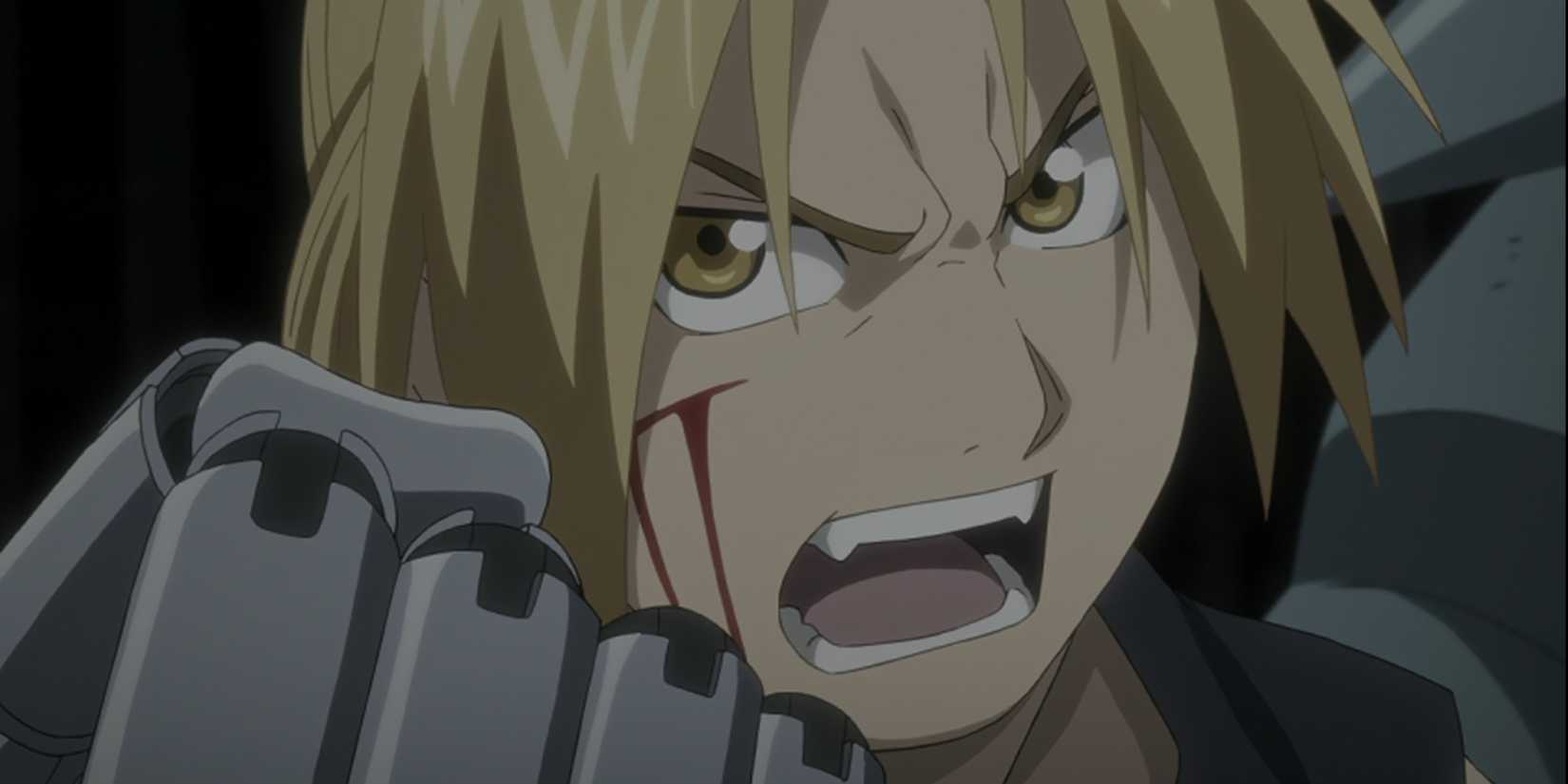 Edward Elric roaring while clenching his fist in Fullmetal Alchemist Brotherhood