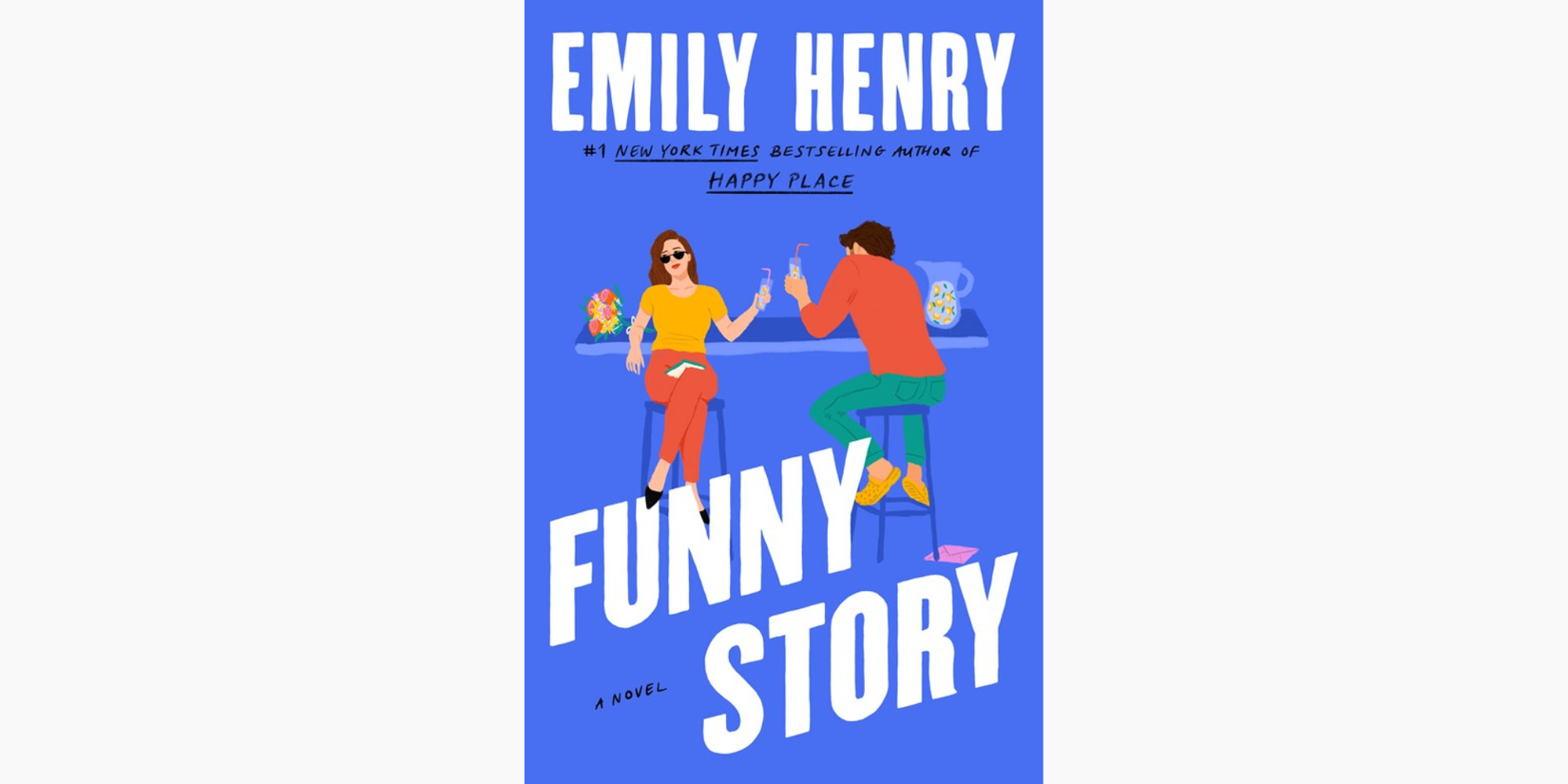 A man and a woman sit on a bar o nthe cover of 'Funny Story'