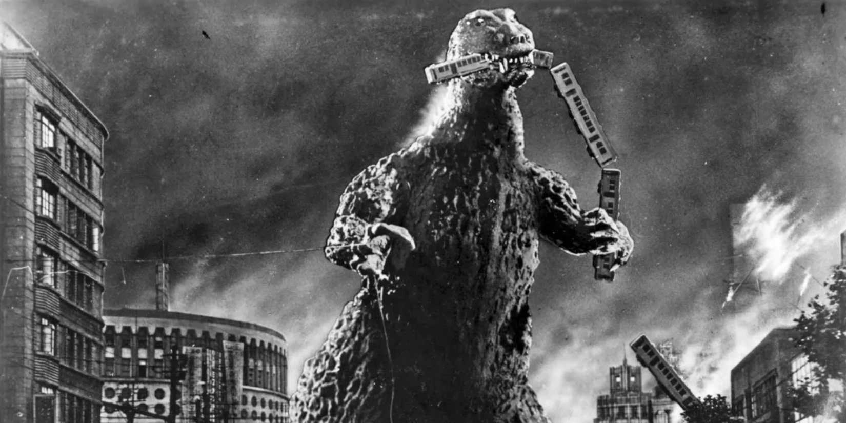 Godzilla biting a train