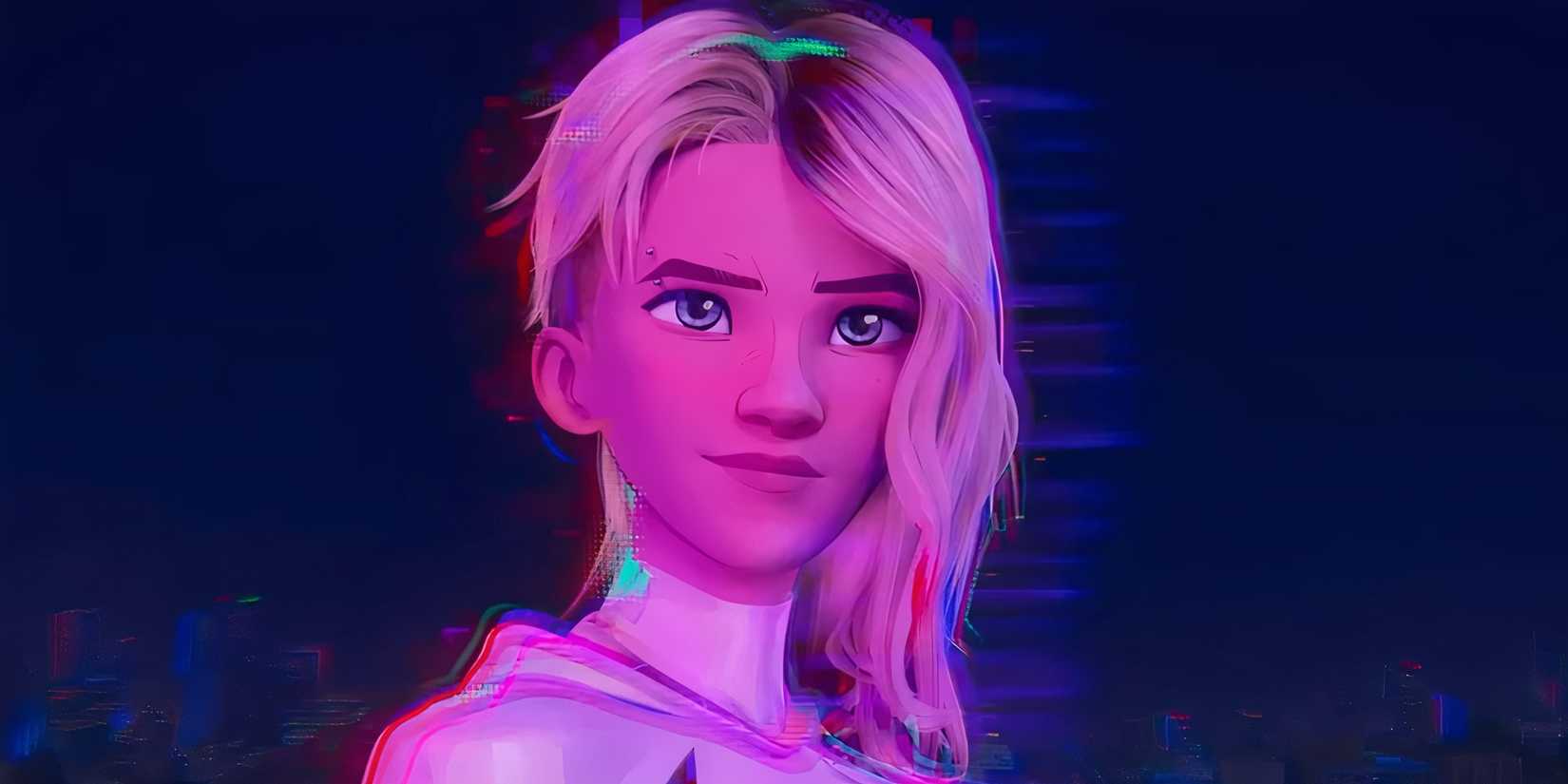 Close-up of Gwen Stacy smirking on a roof in Spider-Man: Across the Spider-Verse