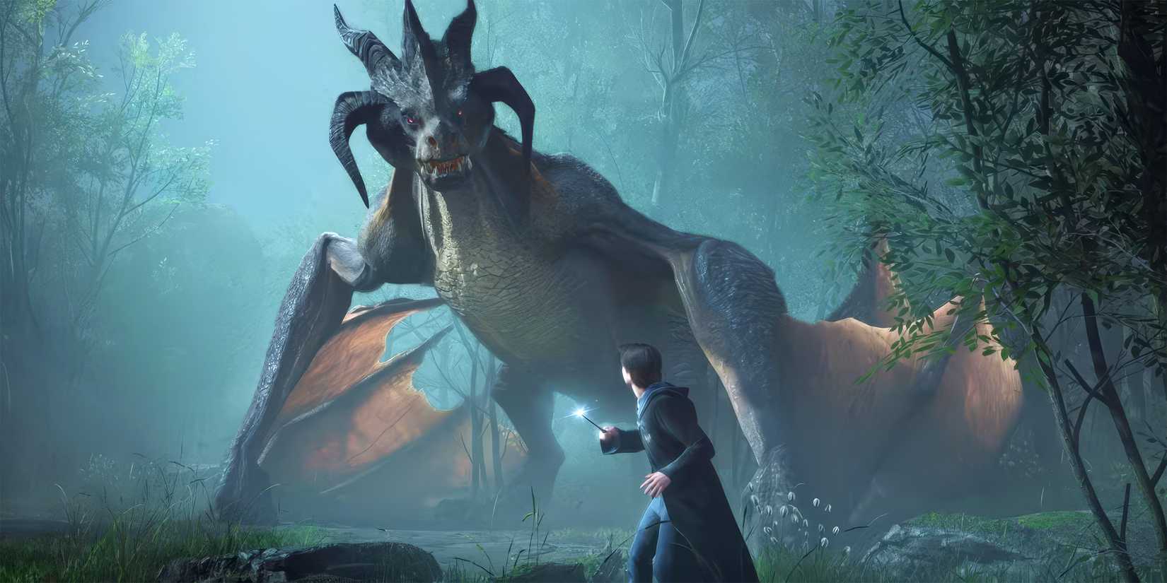 A Hogwarts student facing a dragon in Hogwarts-Legacy