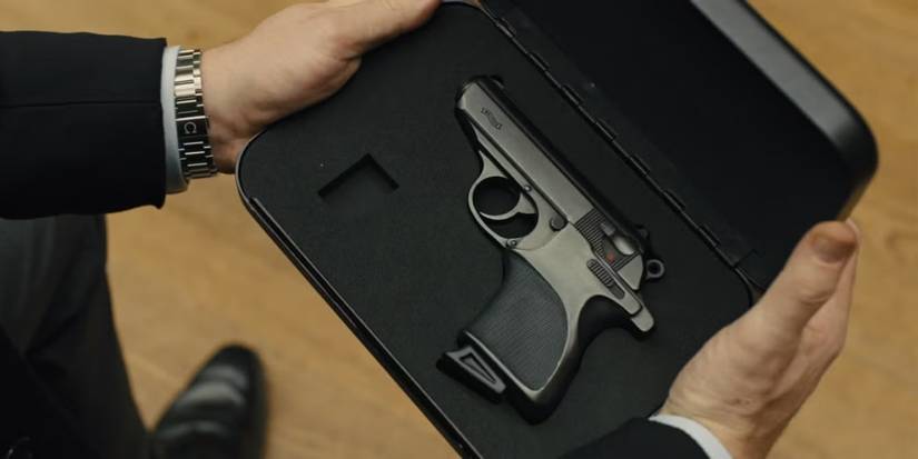 James Bond's classic weapon, a Walther PPK piston, inside a custom open box in Skyfall