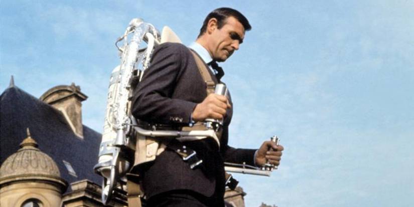 Sean Connery as James Bond wearing a jetpack in a still of Thunderball
