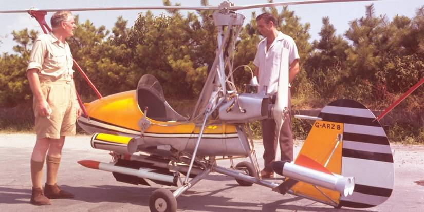 James Bond and Q with the mini-helicopter known as Little Nellie in You Only Live Twice