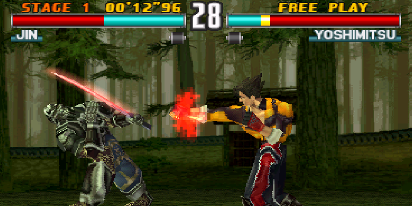 Jin Kazama punching Yoshimitsu in the forest in 'Tekken 3'