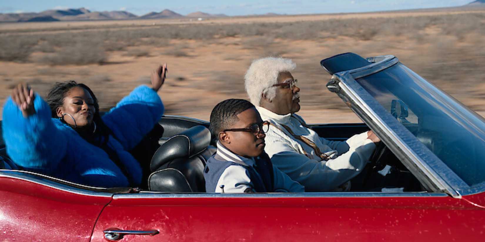 Amber Reign Smith as Destiny, Jermaine Harris as B.J. Simmons, and Tyler Perry as Joe Simmons in 'Joe's College Road Trip.'