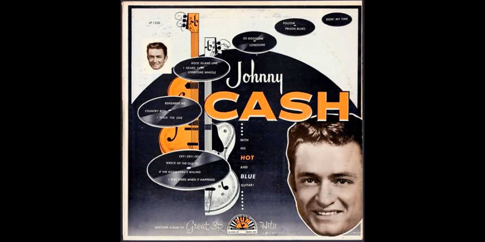 The album cover for 'Johnny Cash with His Hot and Blue Guitar!' by Johnny Cash