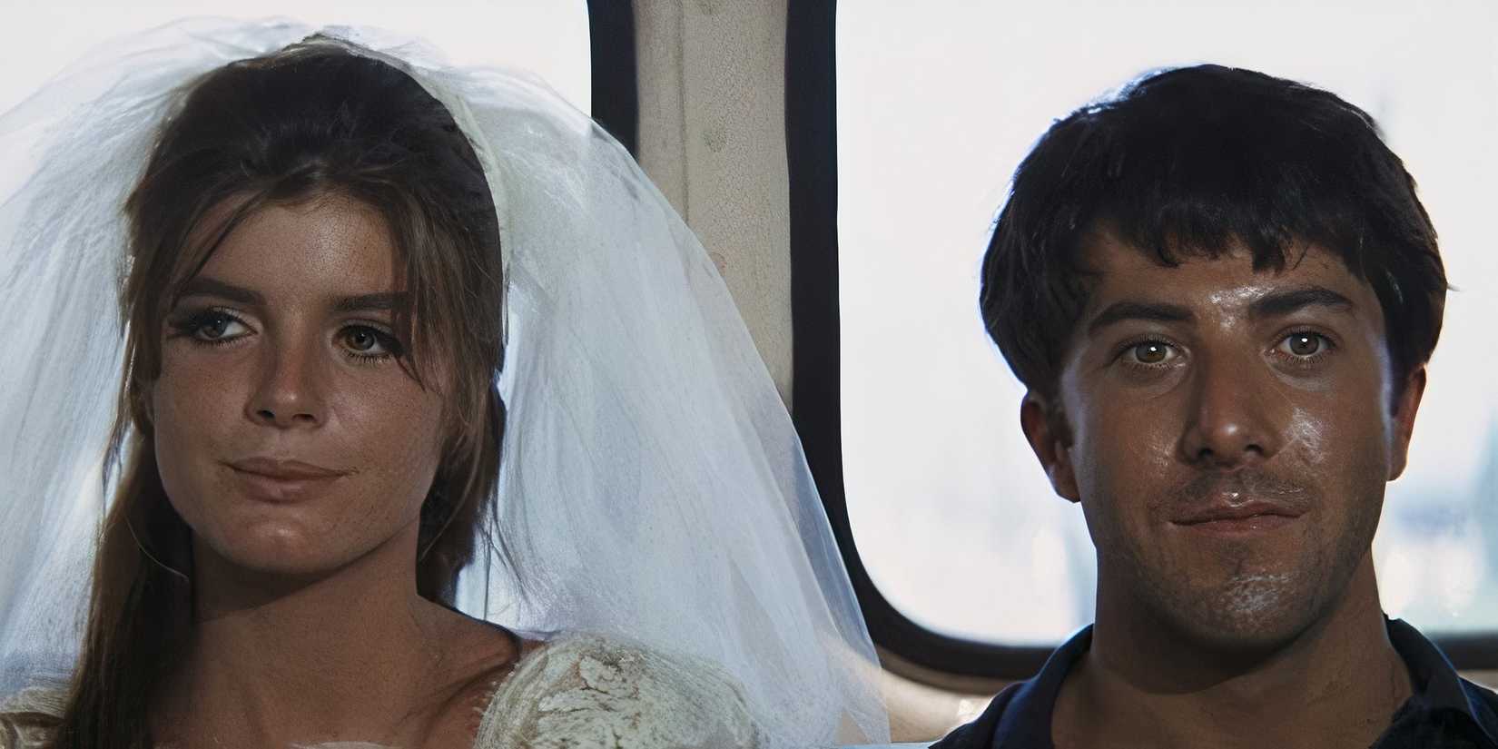 Katharine Ross and Dustin Hoffman at the end of The Graduate.