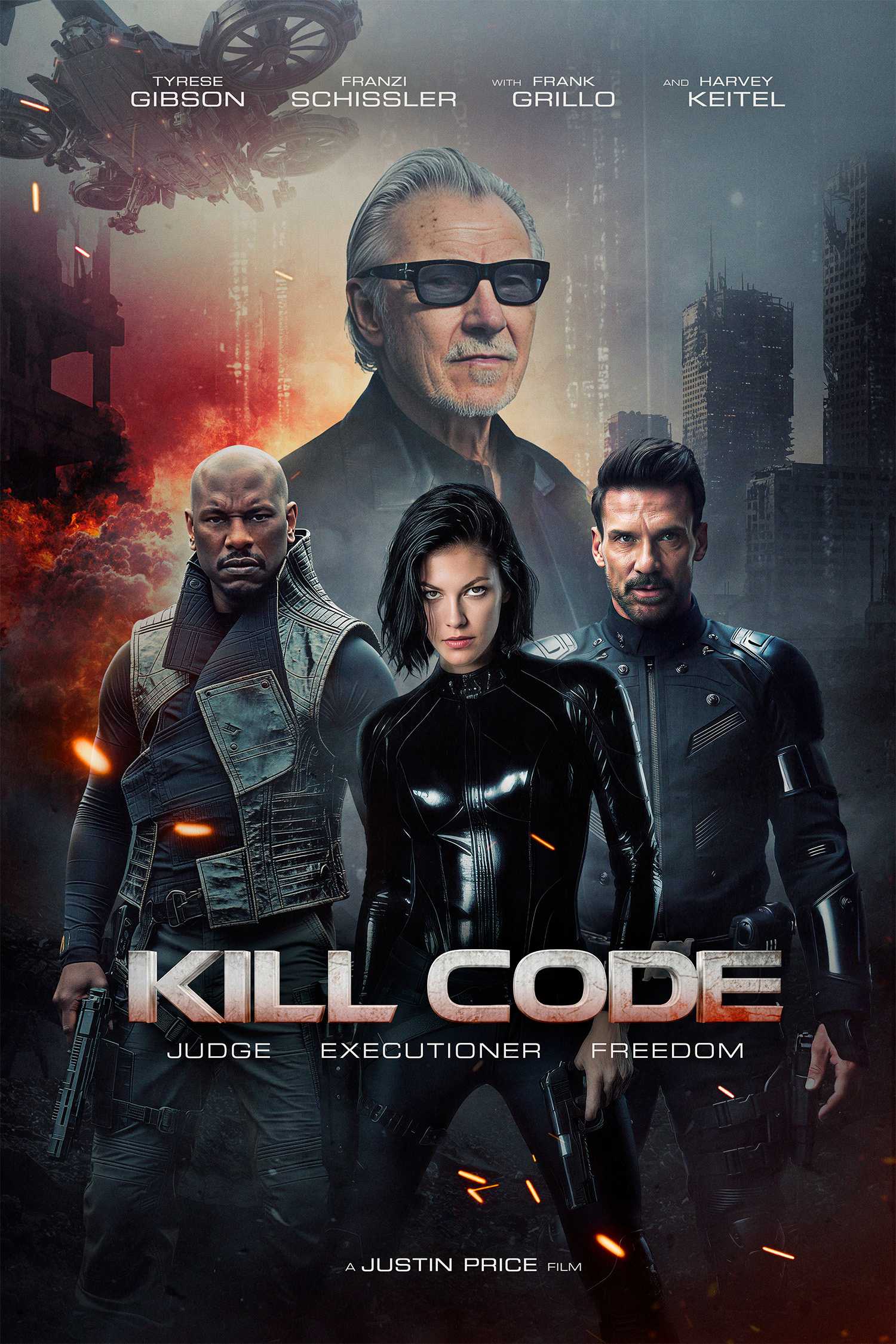 Tyrese Gibson, Franzi Schissler, Frank Grillo, and Harvey Keitel in the key art for Kill Code.