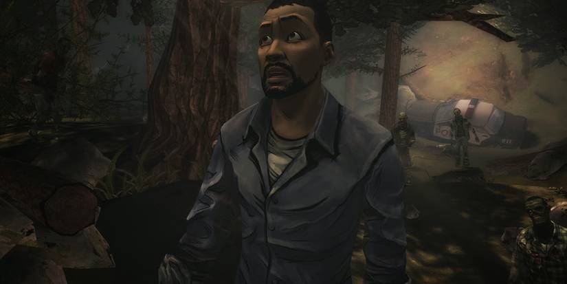 Lee with a look of shock and terror on his face in Telltale's The Walking Dead video game.