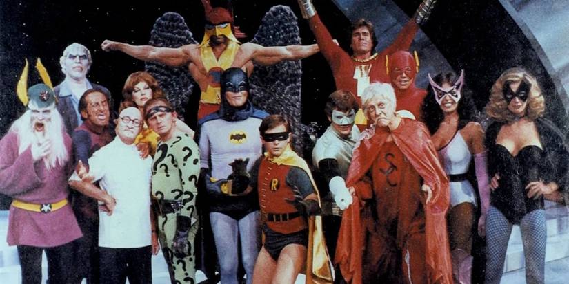 The cast of Legends of the Superheroes pose for a promotional photo.