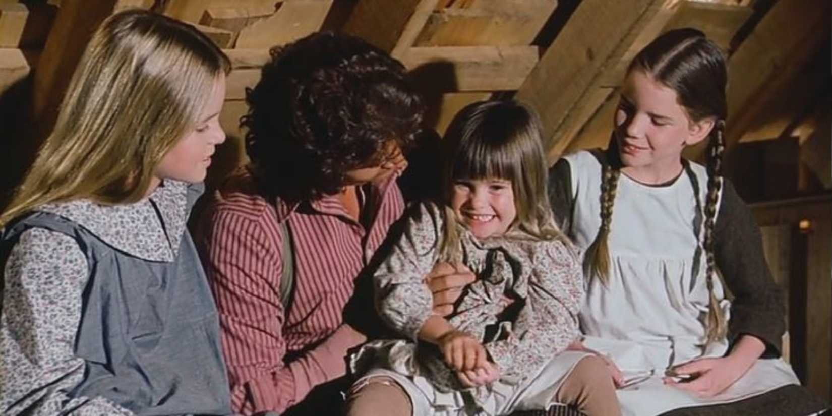 Mary (Melissa Sue Anderson), Charles (Michael Landon), Carrie (Lindsay and Sidney Greenbush), and Laura Ingalls (Melissa Gilbert) in the 'Little House on the Prairie' episode "A Harvest of Friends"