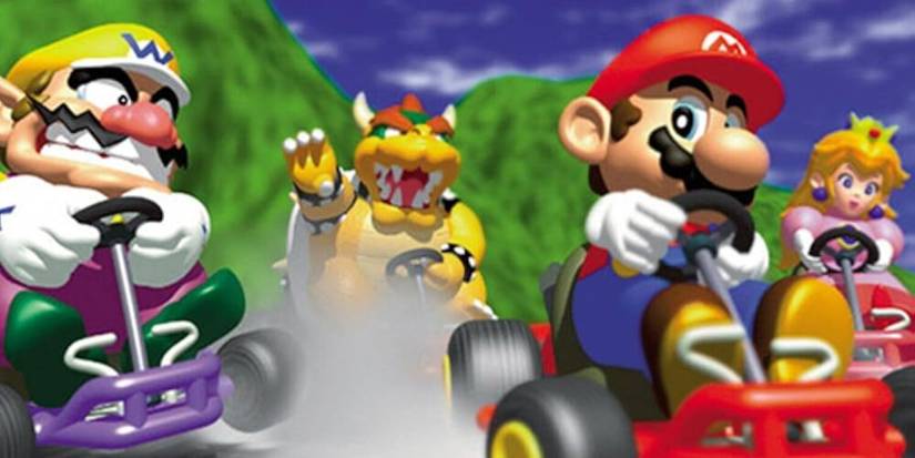 Mario, Wario, Bowser, and Princess Peach riding go-karts on the box art for Mario Kart 64