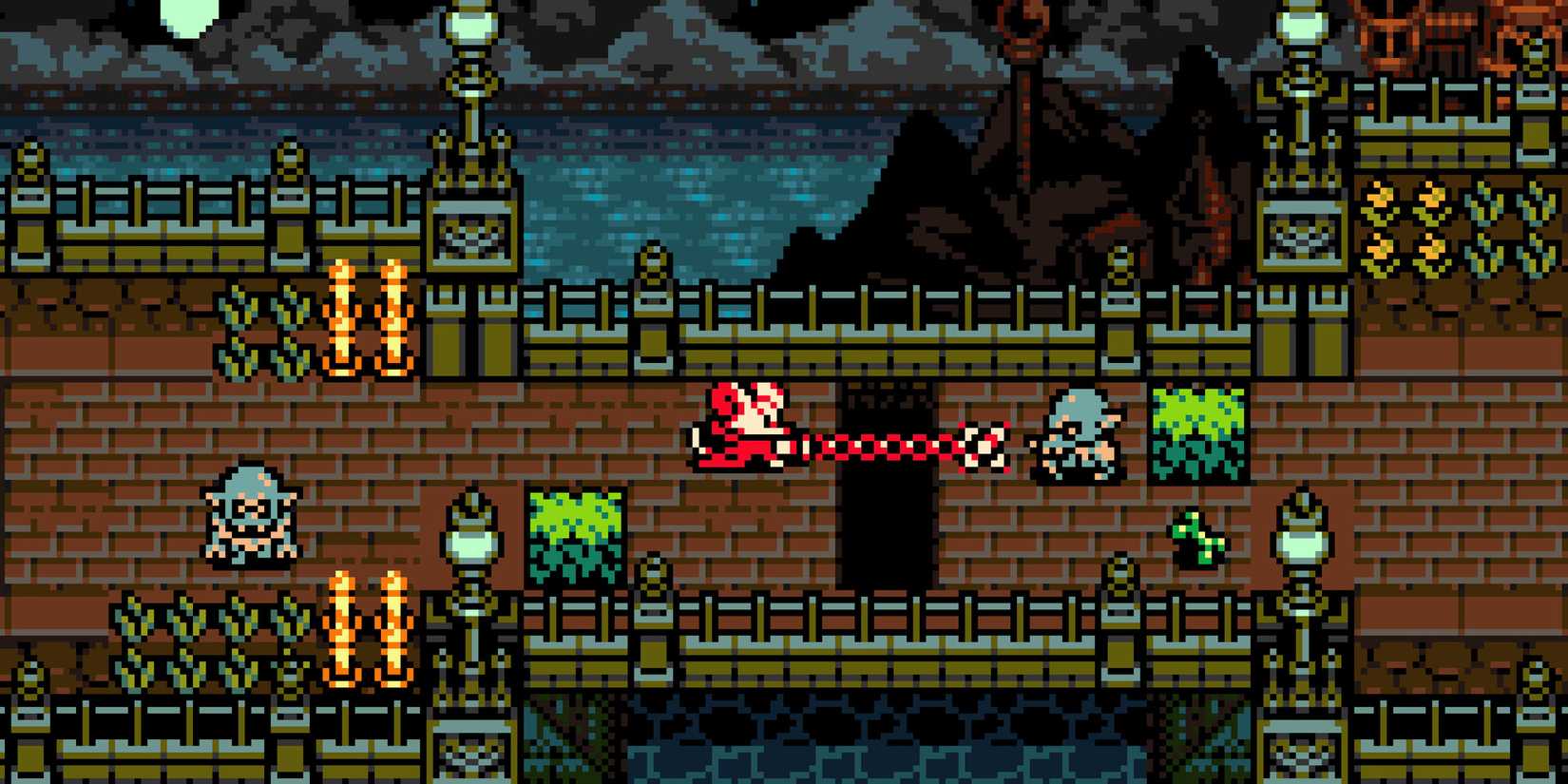 An 8-bit mouse using a spiked ball on the end of a whip while on a bridge in 'Mina the Hollower'