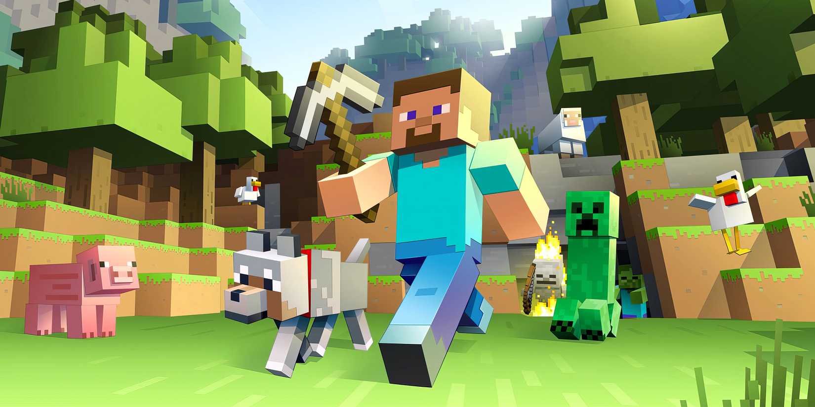 Steve running while holding a little hammer in Minecraft