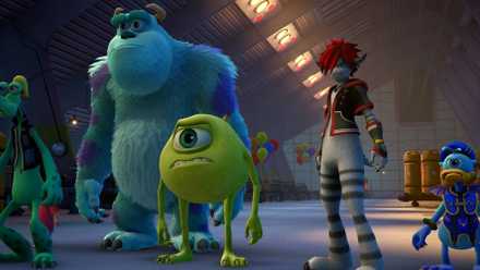 Sora, Donald, and Goofy with Sully and Mike from 'Monsters Inc.' in 'Kingdom Hearts 3'