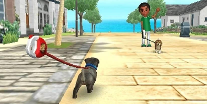 Two guys walking dogs and waving to each other in Nintendogs