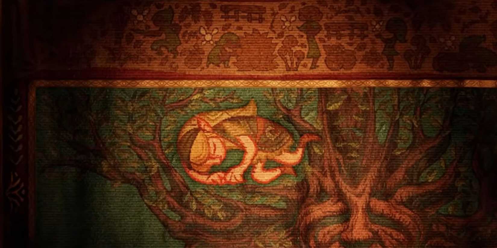 A tapestry of Link and the Deku tree in The Legend of Zelda: Ocarina of Time Remake