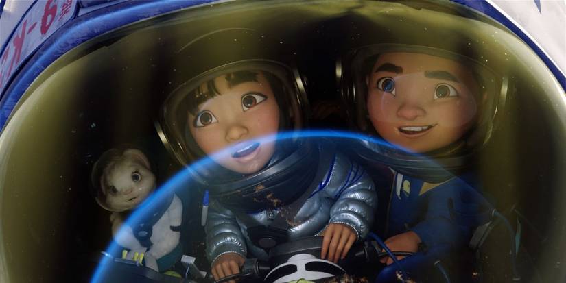 A rabbit, Fei Fei, and Chin in spacesuits inside a rocket in Over the Moon