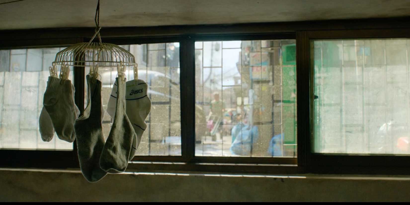 Socks hanging from a plastic hanger next to the window in Parasite