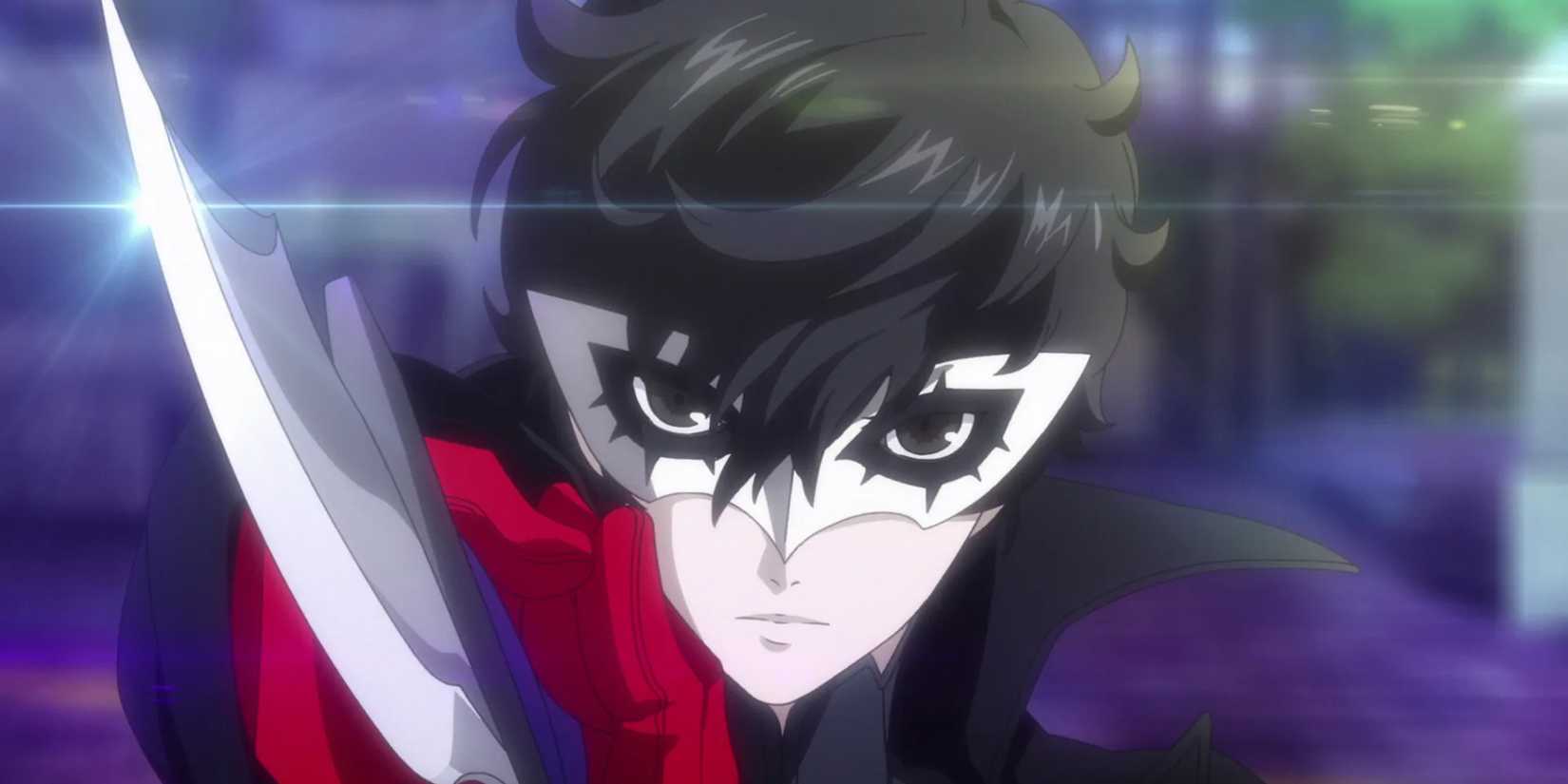 Joker holding up a knife in a cutscene from Persona 5 Strikers