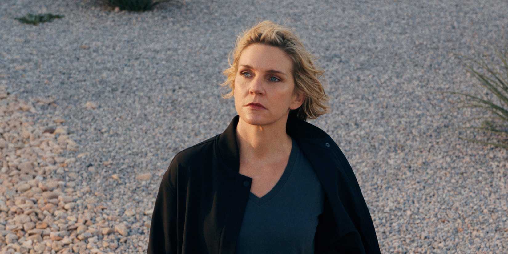 Rhea Seehorn looking up in Pluribus