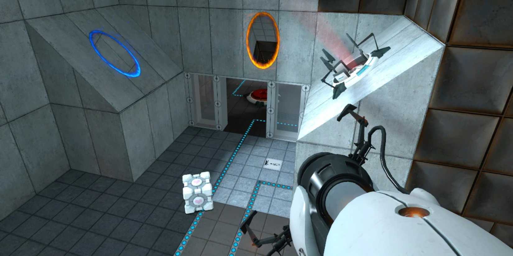 First view of someone aiming a gun in Portal