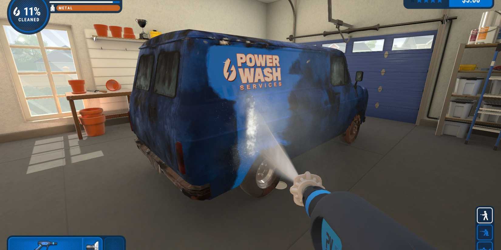 The player sprays down a dirty blue van in 'PowerWash Simulator'