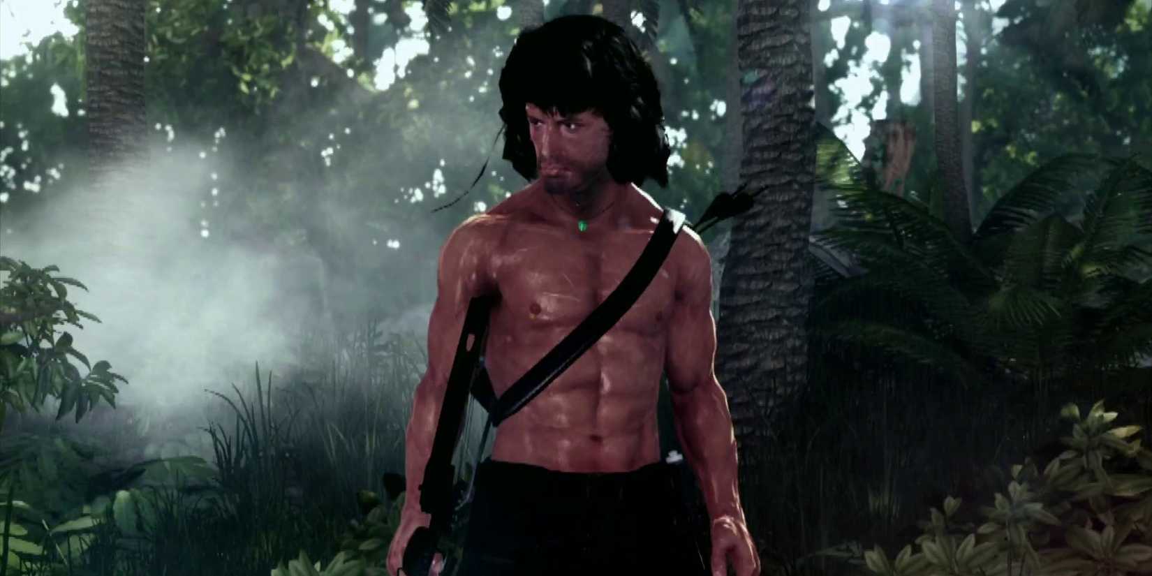 A polygonal Sylvester Stallone as John Rambo shirtless and in the jungle in 'Rambo: The Video Game'