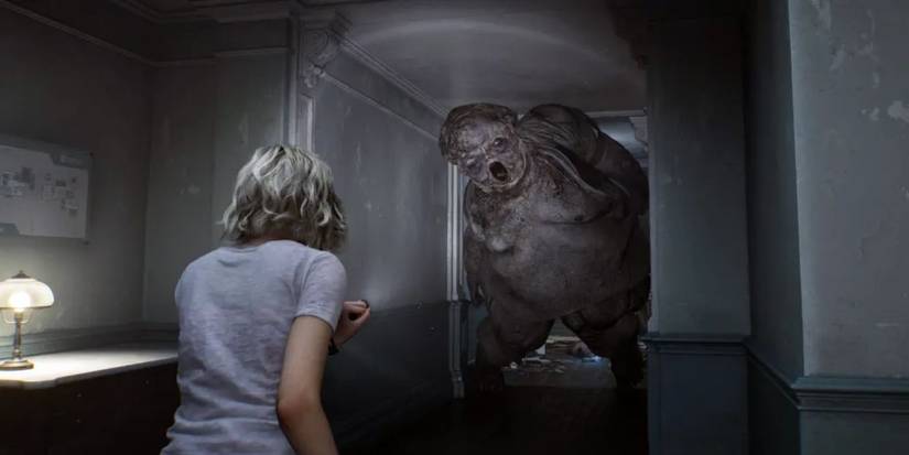 Grace looking at a fat zombie in Resident Evil 9 Requiem