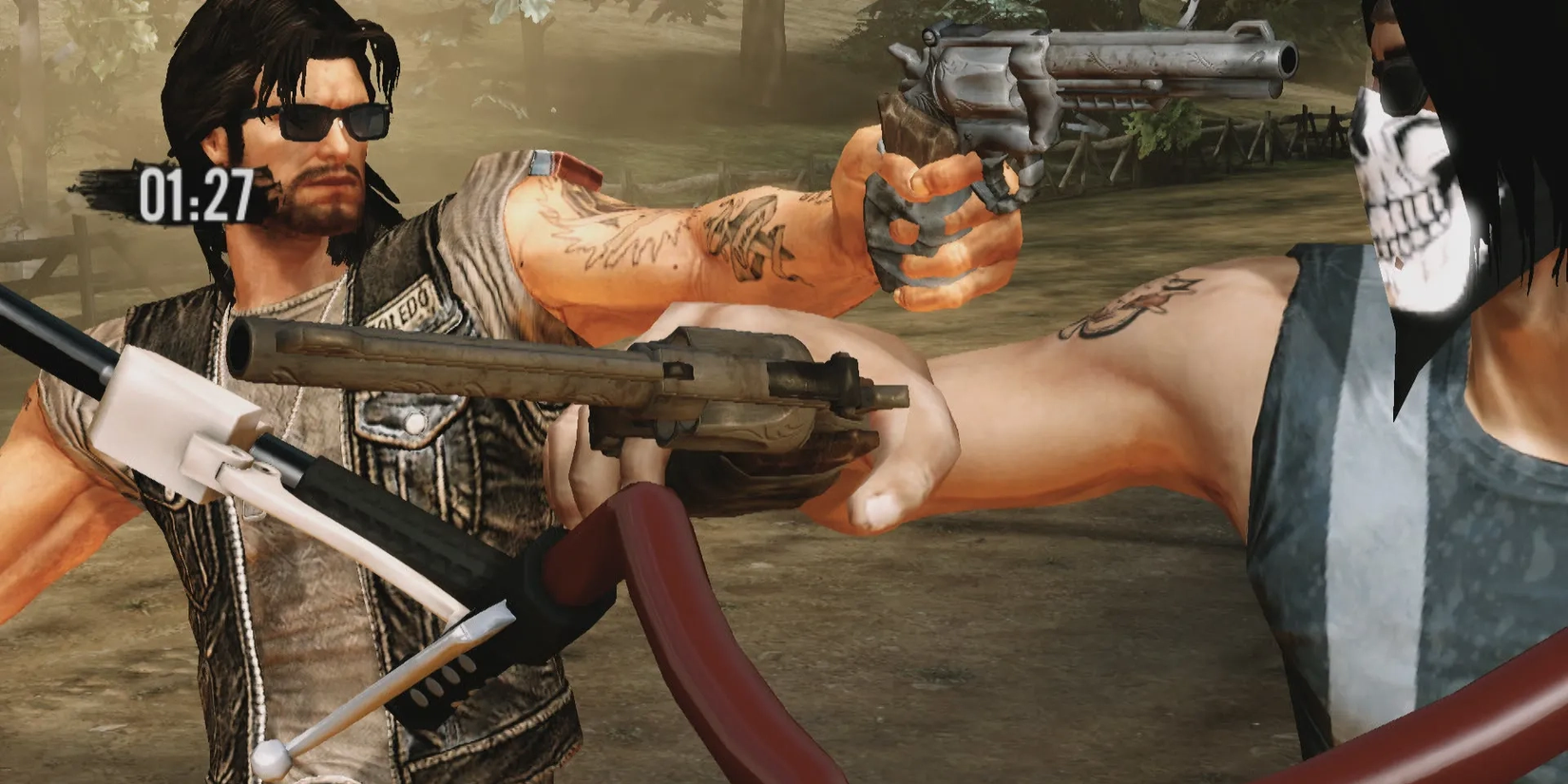 Two bikers riding motorcycles while aiming revolvers at each other in the video game 'Ride to Hell: Retribution'