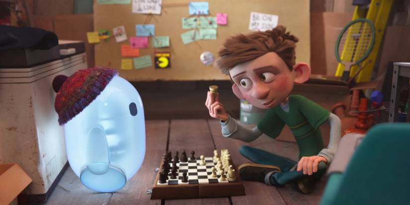 Barney playing chess with his robot Ron in Ron's Gone Wrong