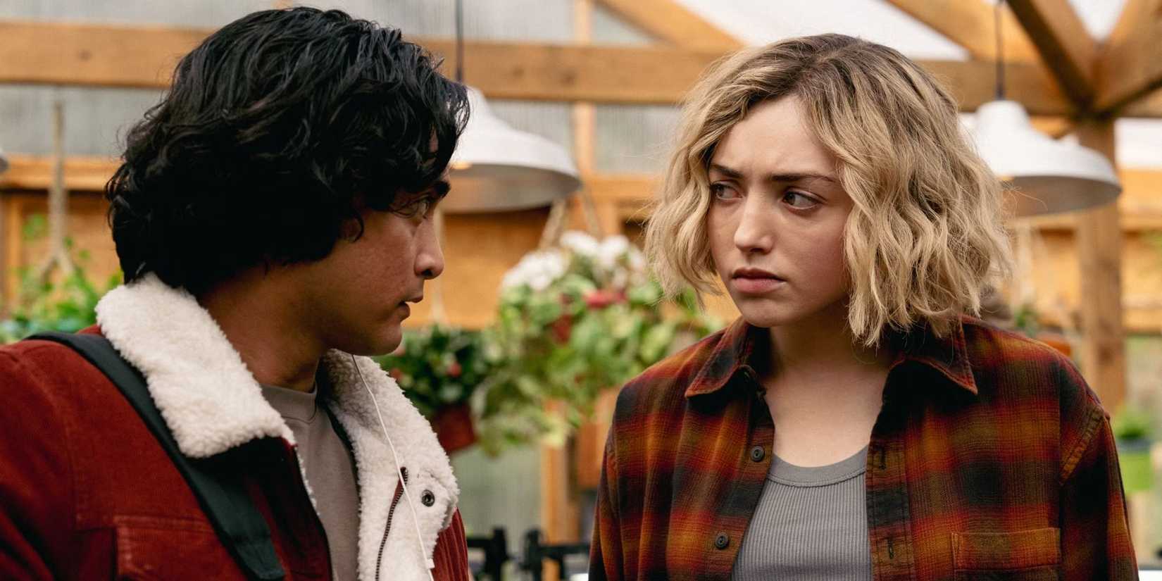 Peyton List as Maddie Nears standing next to Kristian Ventura as Simon in Season 2 of School Spirits