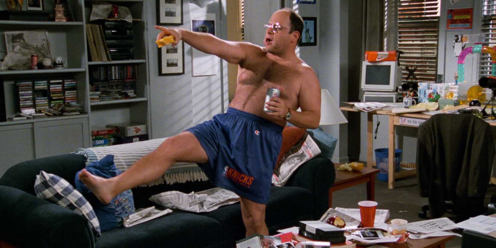 Jason Alexander as George Costanza in an episode of Friends, wearing New York Knicks shorts.