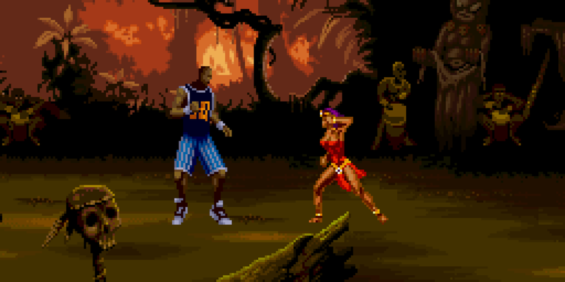 Shaquille O'Neal facing off against a woman wearing a red dress in the SNES fighting game 'Shaq Fu'