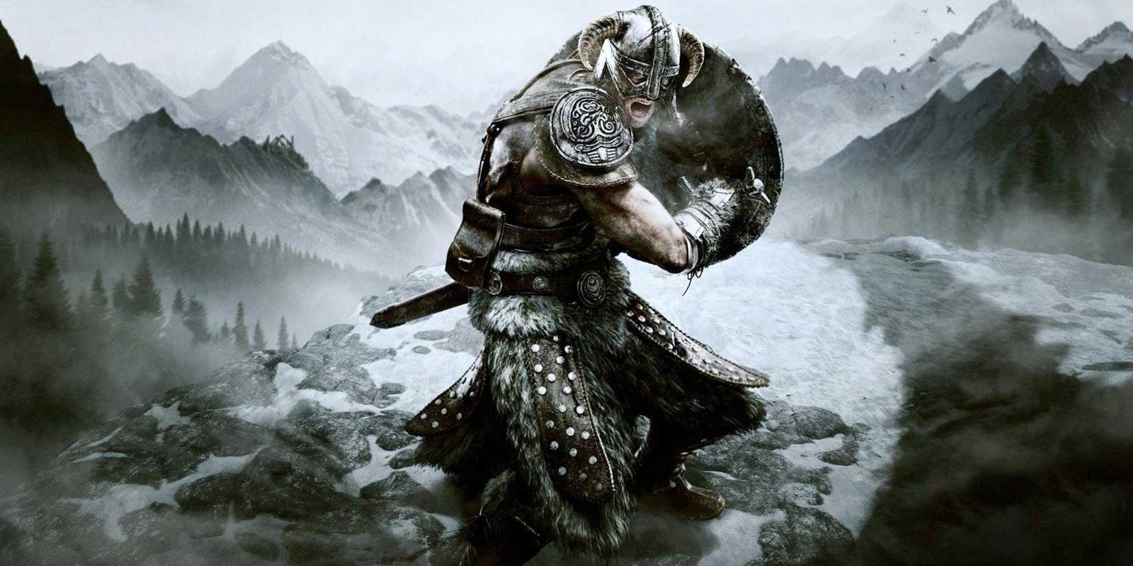 A warrior roaring while holding a shield in Skyrim