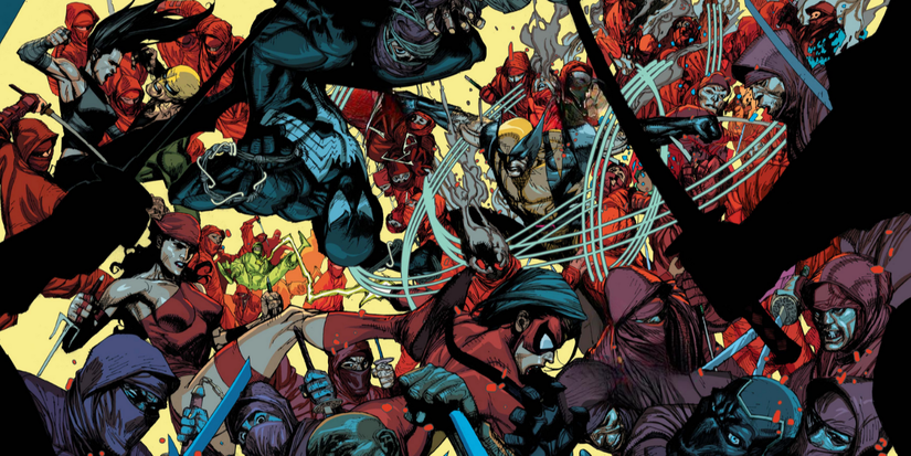 Black suit Spider-Man fights Hand ninjas with the New Avengers.