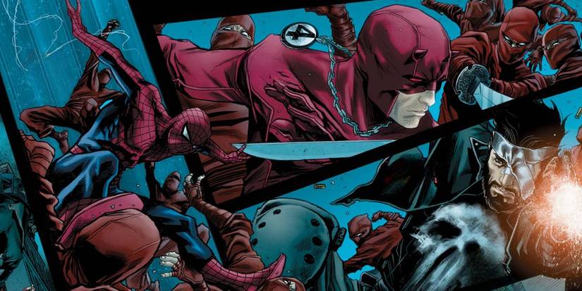 Daredevil, the Punisher, and Spider-Man fighting Hand ninjas in the comics.