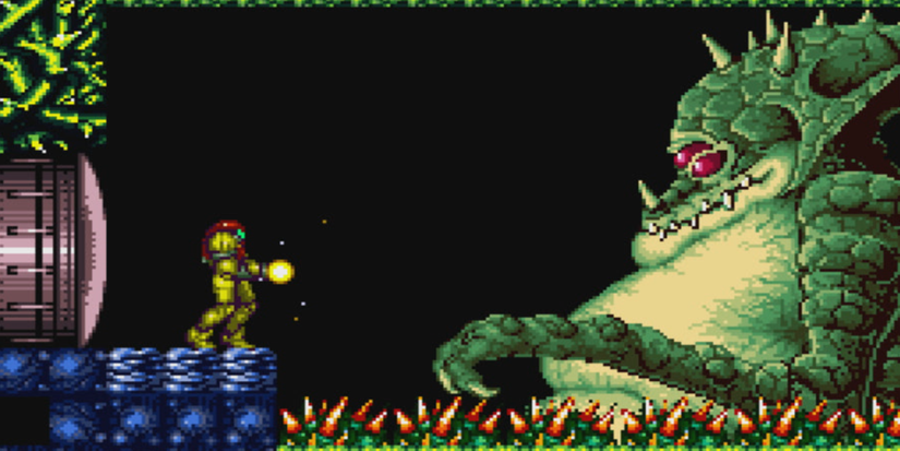 Samus Aran face to face with giant alien monster Kraid in 'Super Metroid'
