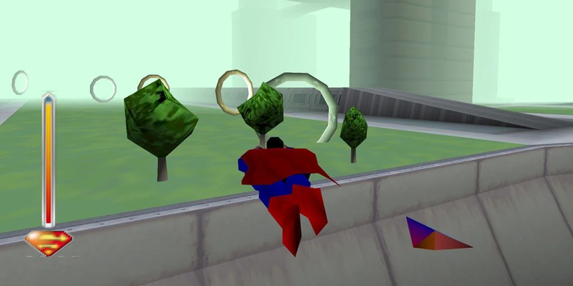 A low-polygon Superman flying through a line of rings in 'Superman 64'