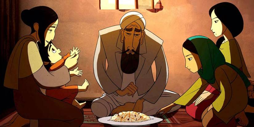 A familly sitting together eating food in The Breadwinner