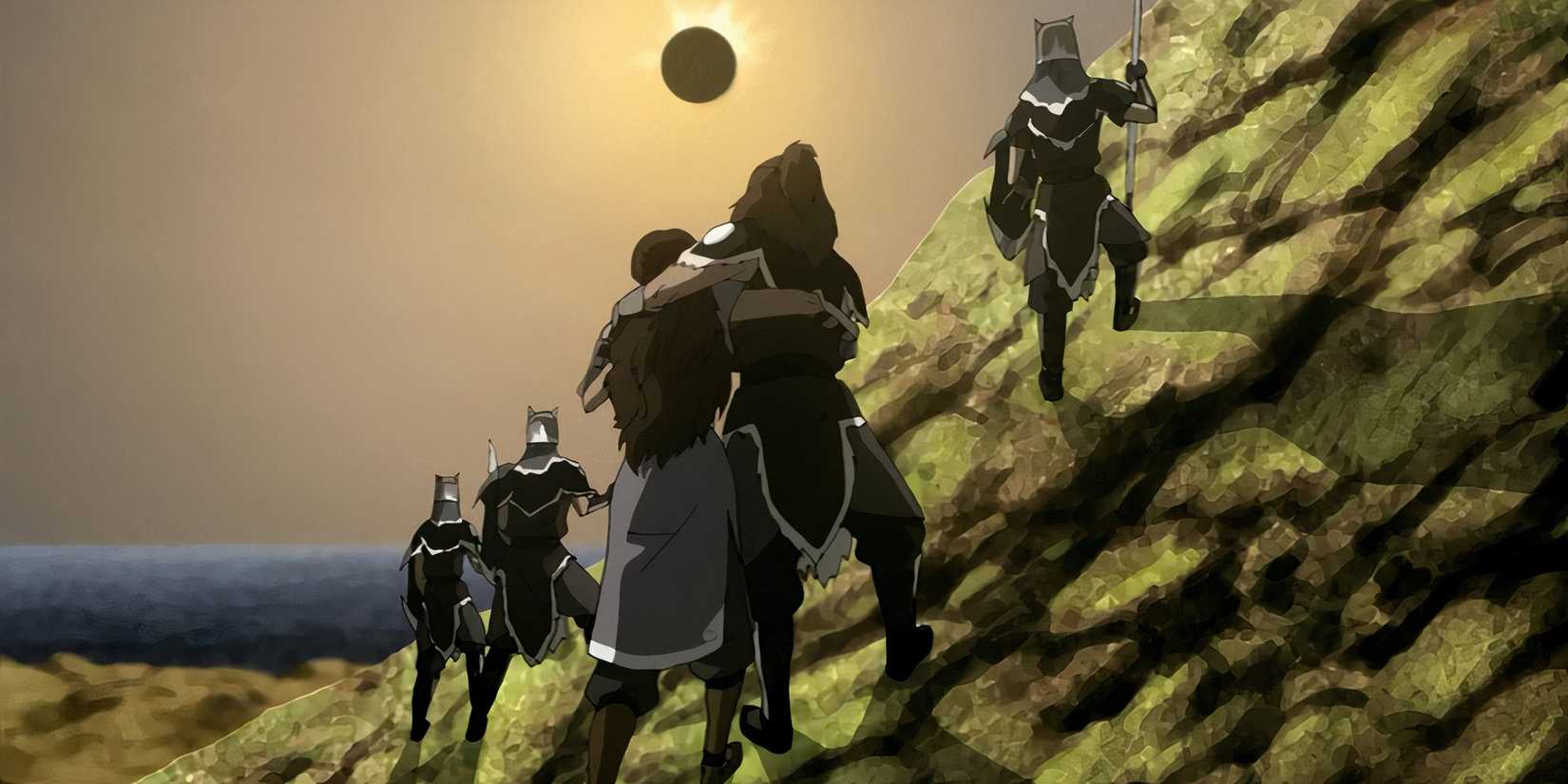 The gang looking at the black sun in Avatar: The Last Airbender in Season 3, Episode 10
