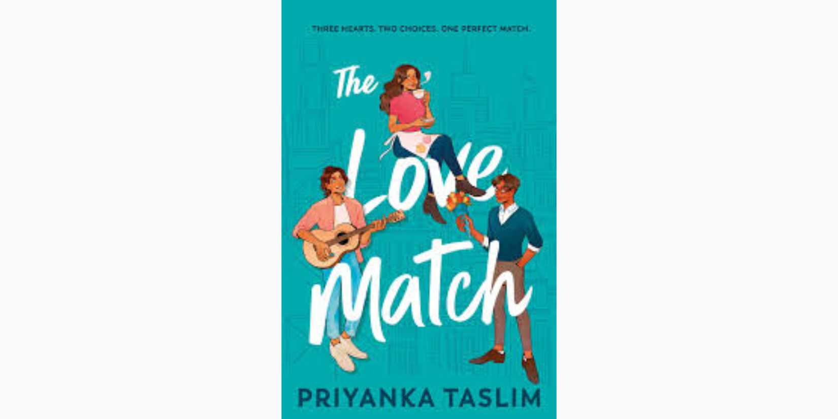 A woman in between a man playing the guitar and a man holding flowers on the cover of 'The Love Match'