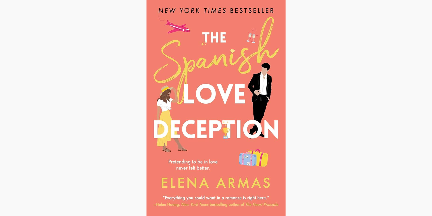 An illustration of a woman in summer clothes and a man in a tuxedo on the cover of 'The Spanish Love Deception