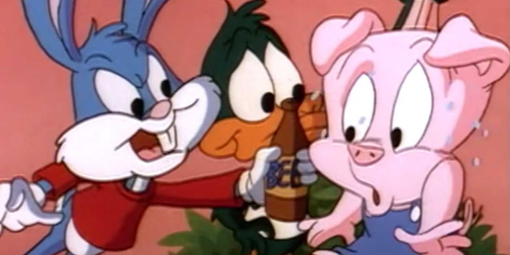 Buster, Plucky, and Hampton with a beer in the controversial 'Tiny Toons Adventure' episode "One Beer."