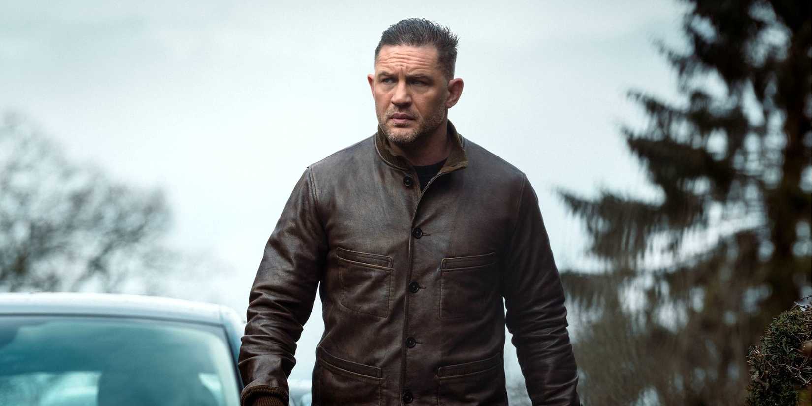 Tom Hardy in a leather jacket in MobLand.