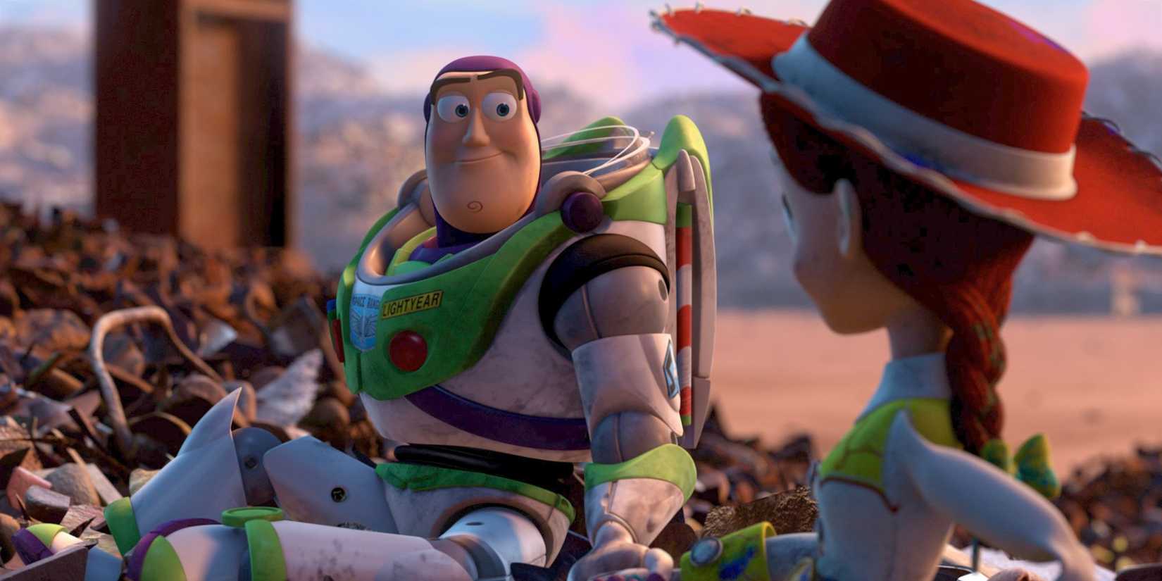 Buzz (Tim Allen) and Jessie (Joan Cusack) holding hands in 'Toy Story 3'