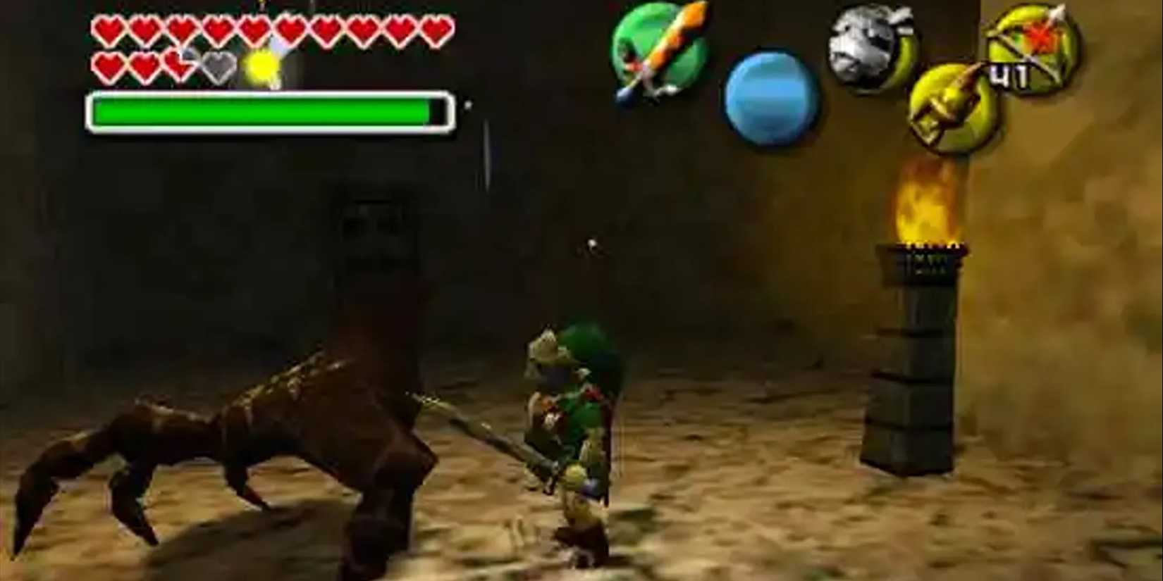 A wallmaster facing off against Link in 'Ocarina of Time'